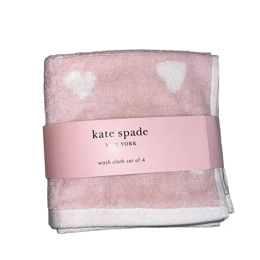 Kate Spade Pastel Pink White Hearts Cotton Wash Cloths 13x13 Set of 4 NEW